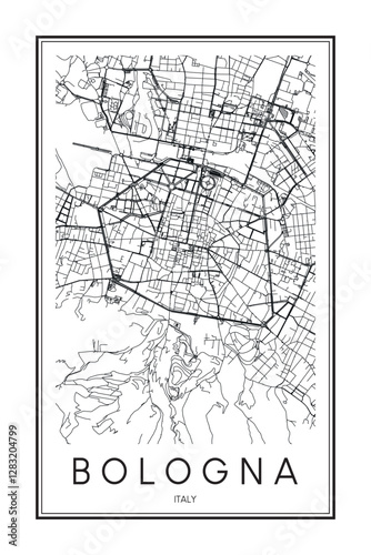 Printable downtown road map poster of the Italian city of BOLOGNA on solid white background with city name