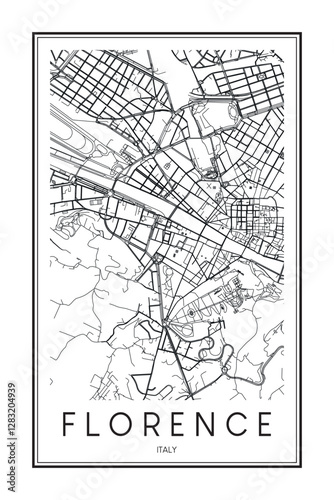 Printable downtown road map poster of the Italian city of FLORENCE on solid white background with city name