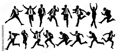 Silhouettes of diverse business people running, jumping, celebrating, success, men and women full length, front and side view. Vector monochrome illustration isolated 