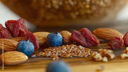 healthy nutri snack with almonds, berries and seeds for a balanced diet photo