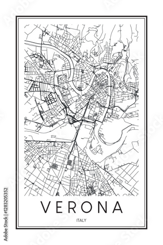 Printable downtown road map poster of the Italian city of VERONA on solid white background with city name