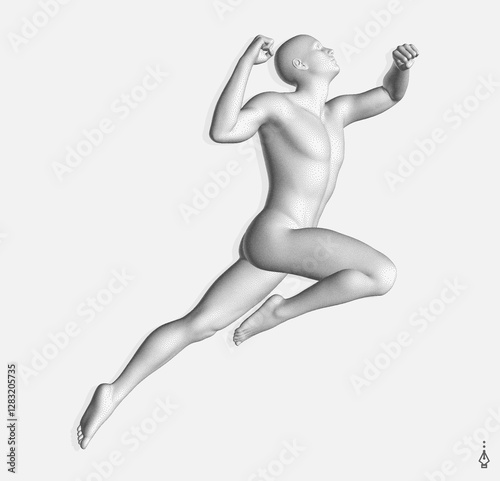 Leadership, freedom or development concept. Jumping man. 3D human body model. Design for sport. Vector illustration composed of particles.