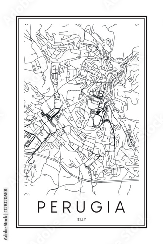 Printable downtown road map poster of the Italian city of PERUGIA on solid white background with city name