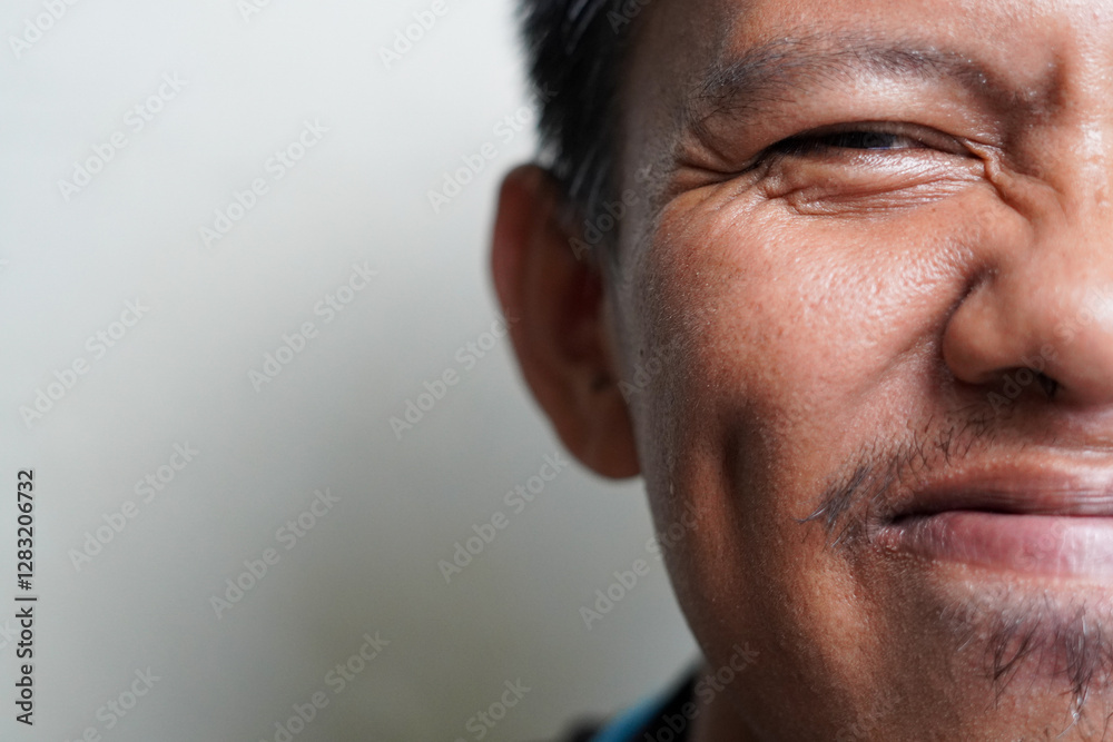 Fototapeta premium Close-up of a Person Smiling with Dimples and Crinkled Eyes