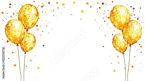 A frame of golden balloons and confetti on a white background. place for text, greeting card