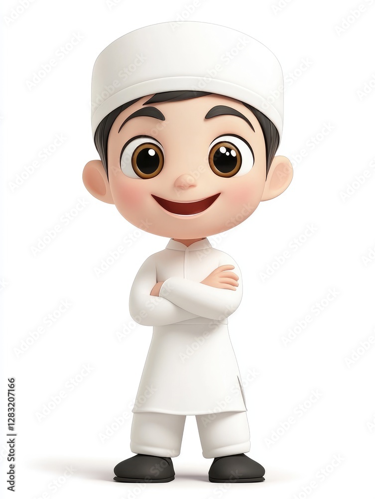 A cartoon illustration of a smiling boy in white clothing A cartoon illustration of a smiling boy in white clothing