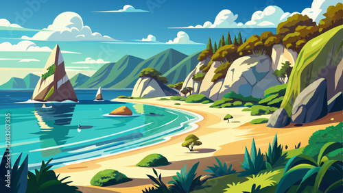 Panoramic picture of Cathedral Cove beach in summer without people during daytime