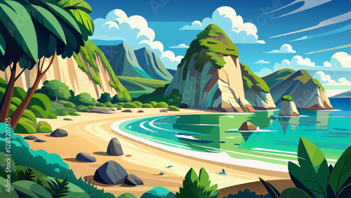 Panoramic picture of Cathedral Cove beach in summer without people during daytime
