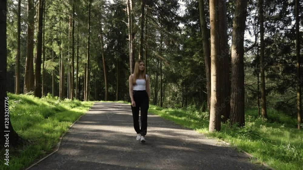 Student woman walking in the forest, outdoor relaxation, natural path under tree foliage Student woman walking in the forest, outdoor relaxation, natural path under tree foliage