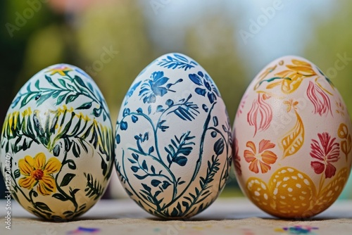 Three colorful Easter eggs decorated with various designs and patterns, side by side photo