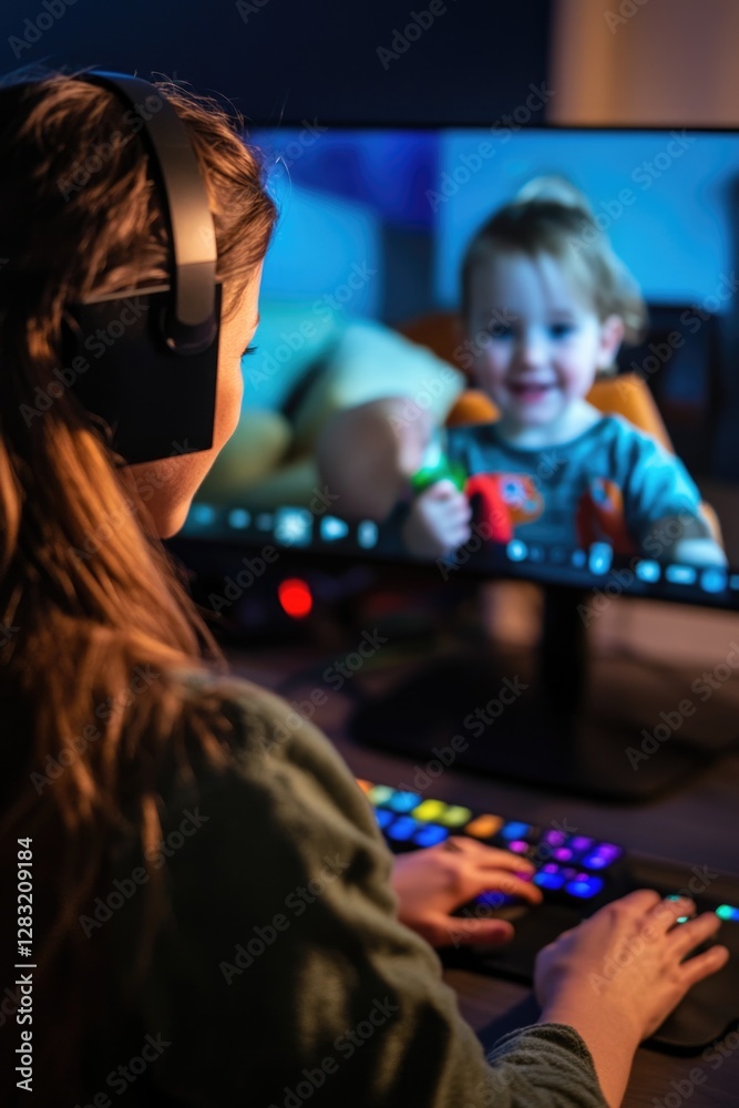 Obraz premium Woman gaming with headphones, focused on her screen