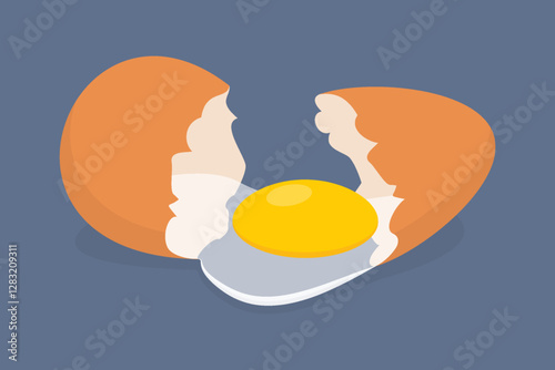 A broken brown chicken egg with raw liquid protein and yolk. A raw egg.  Breaking eggshells and adding an ingredient to a dish. Vector illustration in a flat style on dark background.