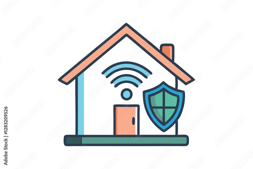 Obraz premium Vector art illustration of a smart home with a shield and Wi-Fi signal icon.eps