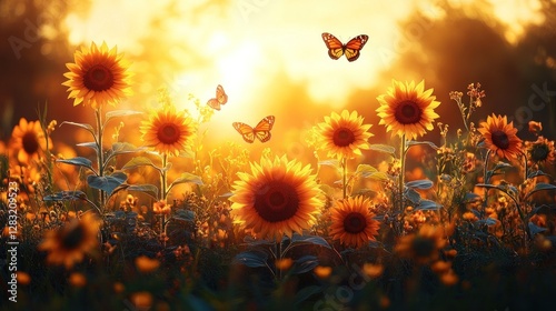 Golden Sunset Sunflower Butterflies Field photo