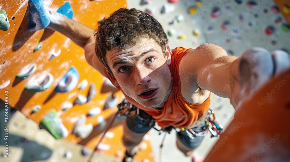 Obraz premium A person climbing on a rocky wall with an expression of surprise, can be used for adventure or outdoor-themed projects