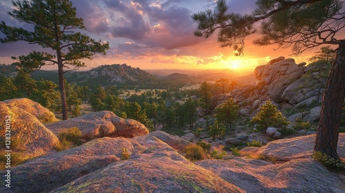 Captivating Sunset Over a Verdant Valley Landscape with Rocky Formations