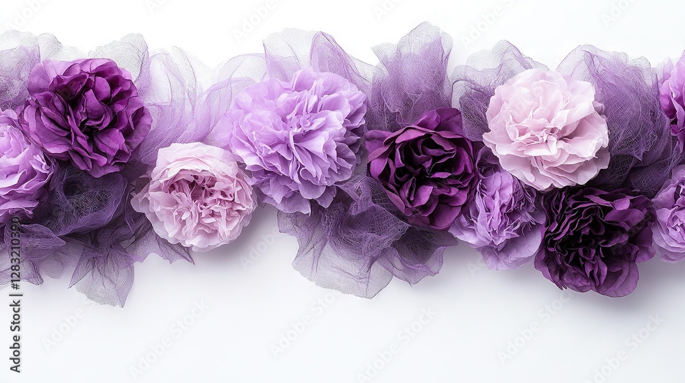 A cluster of purple blossoms atop a white table adjacent to a white background A cluster of purple blossoms atop a white table adjacent to a white background