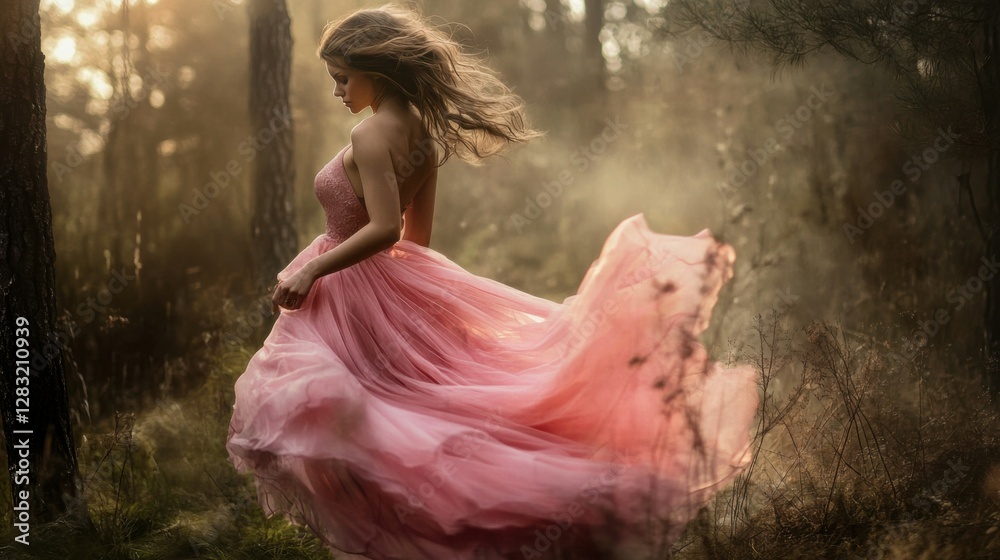 Fototapeta premium Pretty young woman in pink dress is in the forest