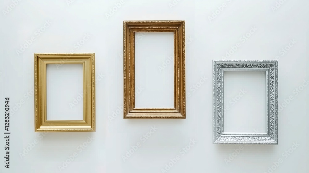 Three Ornate Empty Picture Frames on a Gallery Wall, Featuring Detailed Designs and White Background for Art Display. Mockup. Background. Three Ornate Empty Picture Frames on a Gallery Wall, Featuring Detailed Designs and White Background for Art Display. Mockup. Background.