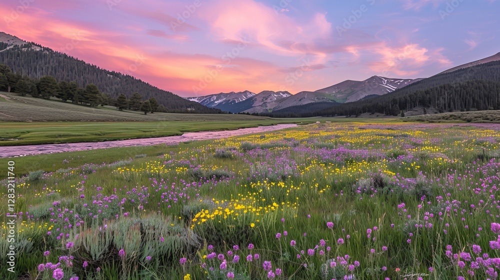 Fototapeta premium Breathtaking alpine meadows filled with colorful wildflowers and conifers under a peaceful sunrise