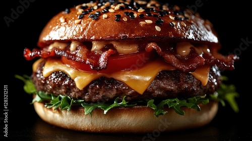 Gourmet Bacon Cheeseburger Close-up on Dark Background photo