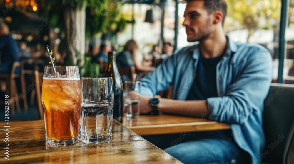 Man is sitting in the restaurant with tasty alcohol drink Man is sitting in the restaurant with tasty alcohol drink