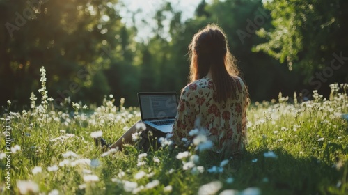 Woman with a laptop in the park. Young female sitting in grass with flowers work remotely in nature. Work everywhere travel blogger outdoors. Businesswoman sitting in forest Remote working concept