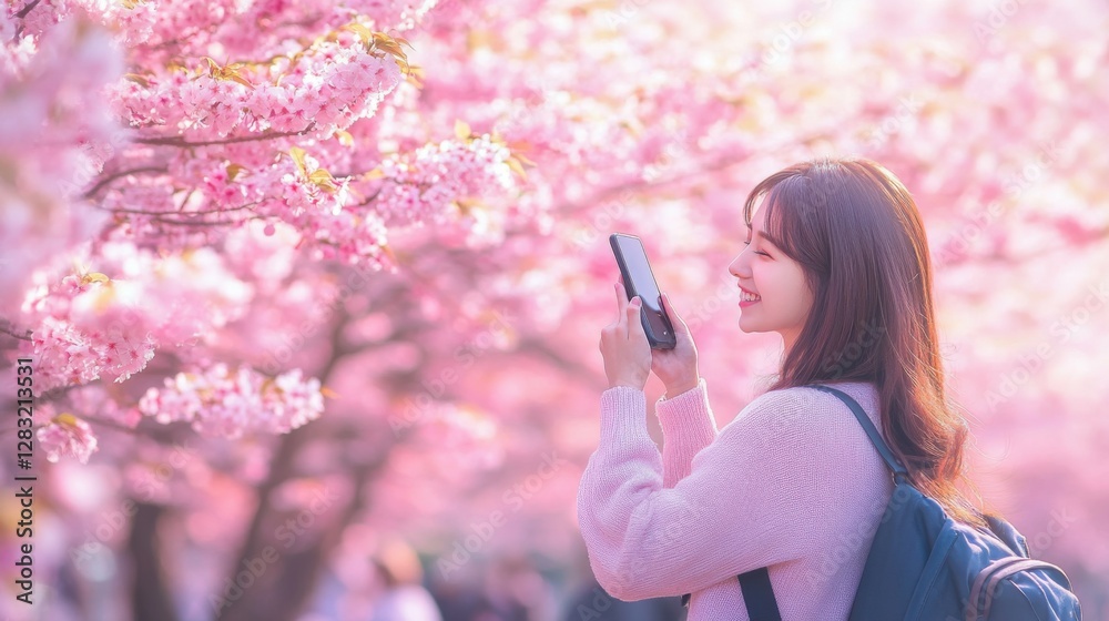 Traveler asian woman with mobile phone travel in sakura cherry blossom tree in Chidorigafuchi park Tokyo Japan in spring Traveler asian woman with mobile phone travel in sakura cherry blossom tree in Chidorigafuchi park Tokyo Japan in spring