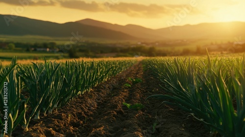 Rows on the onion plantation in the vegetable garden agriculture in the countryside with sunrise and mountain background. Healthy food concept.