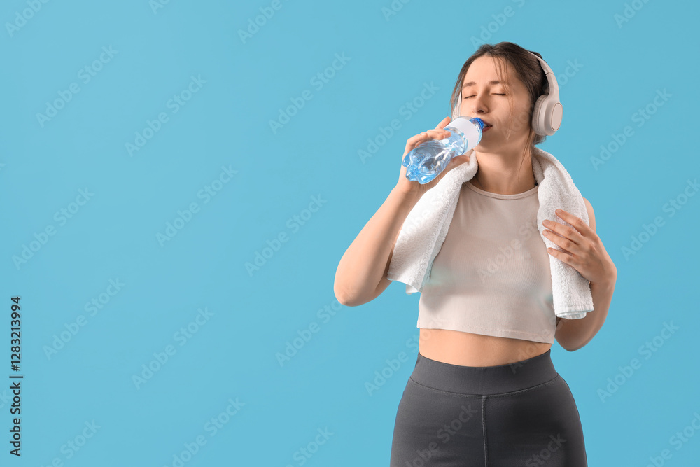 Sporty young woman drinking water on blue background Sporty young woman drinking water on blue background