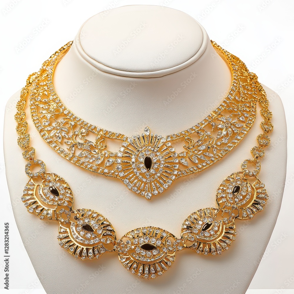Elegant Gold Layered Necklace with Sparkling Gems on White Mannequin Display Elegant Gold Layered Necklace with Sparkling Gems on White Mannequin Display