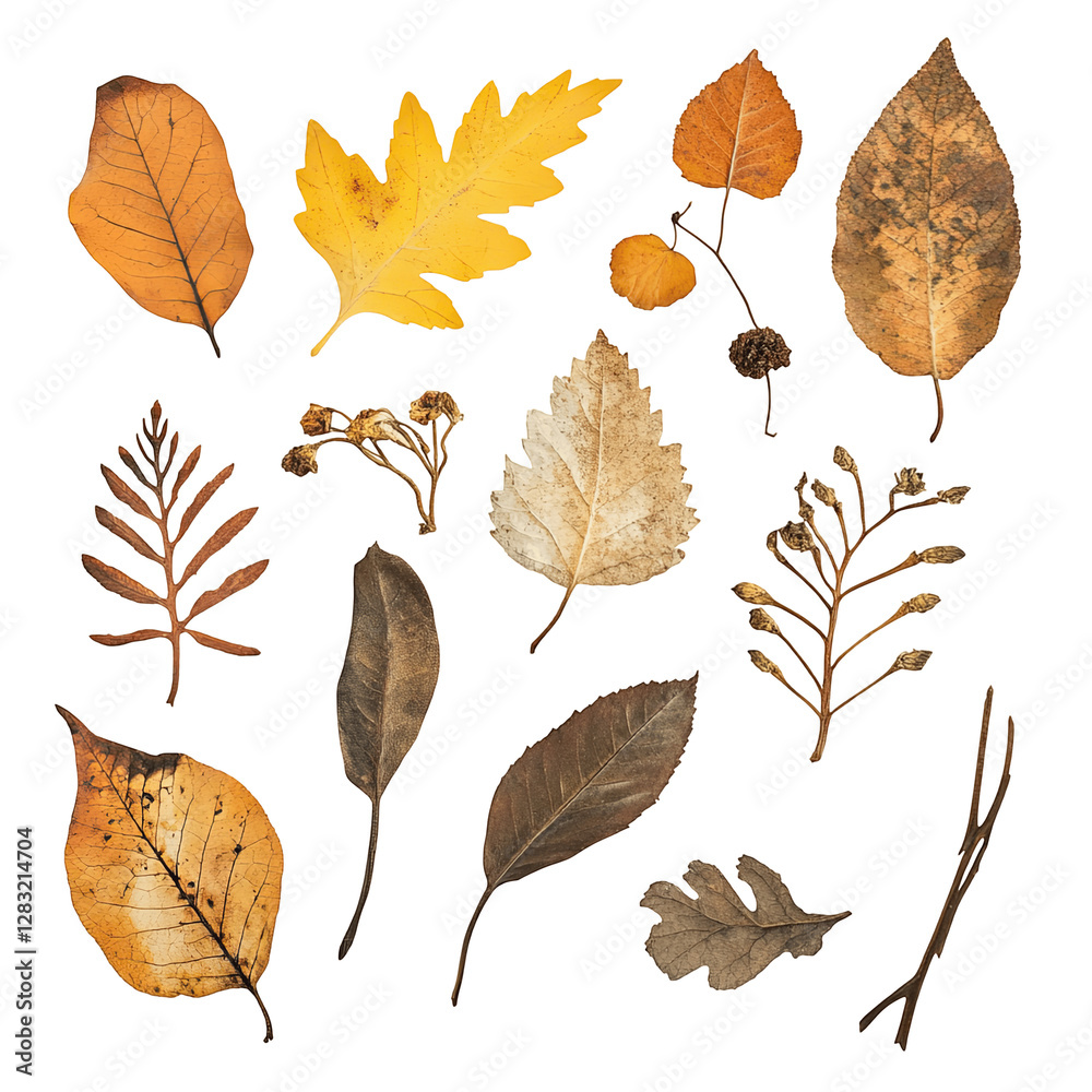Fototapeta premium Collection of autumn leaves arranged artistically on a white background showcasing various colors and shapes