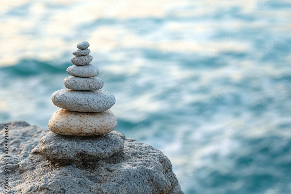 Fototapeta premium A stack of rocks sits atop another rock near the ocean, offering a unique geological formation