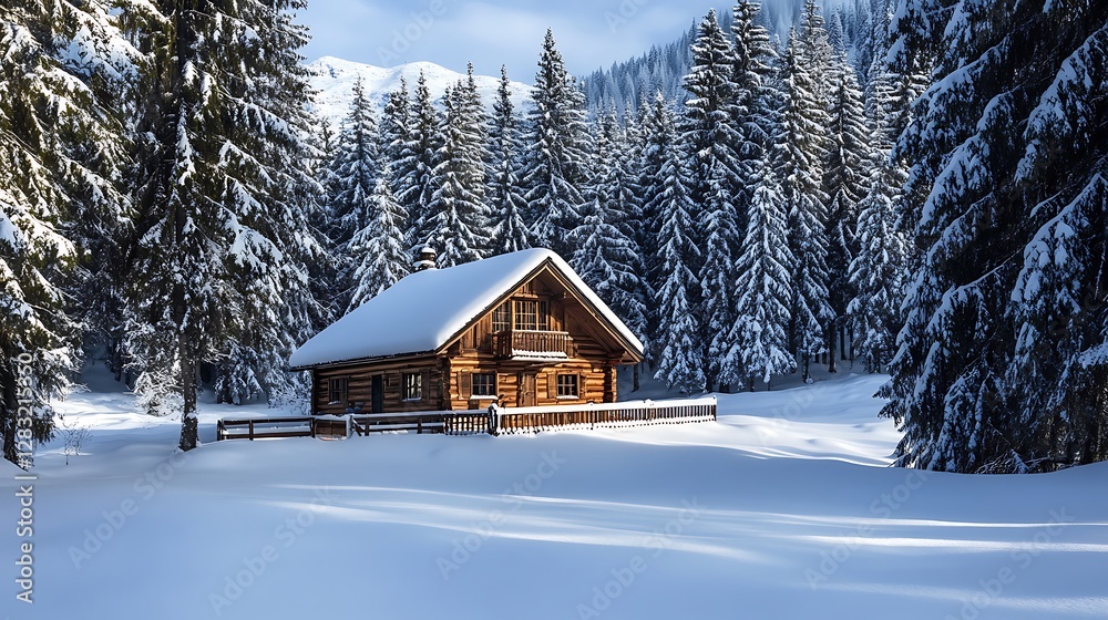 Naklejka premium Snowy Alpine Cabin Nestled Among Winter Trees