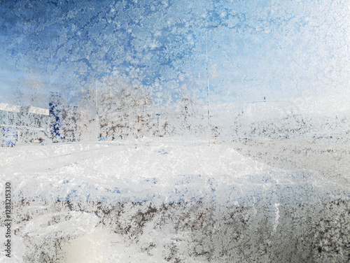 Frozen window showing cityscape covered in ice crystals on cold winter day