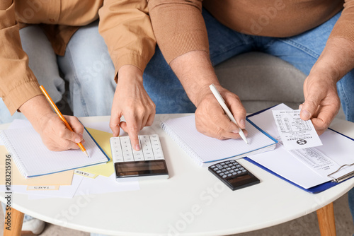Senior couple calculating u...