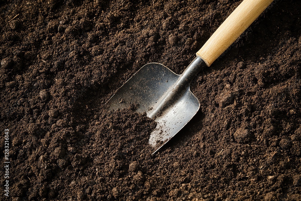 Metal shovel on rich garden soil Metal shovel on rich garden soil