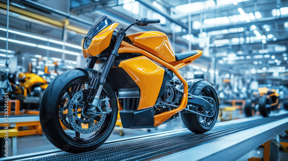 Obraz premium Innovative orange motorcycle on conveyor belt in high-tech manufacturing plant