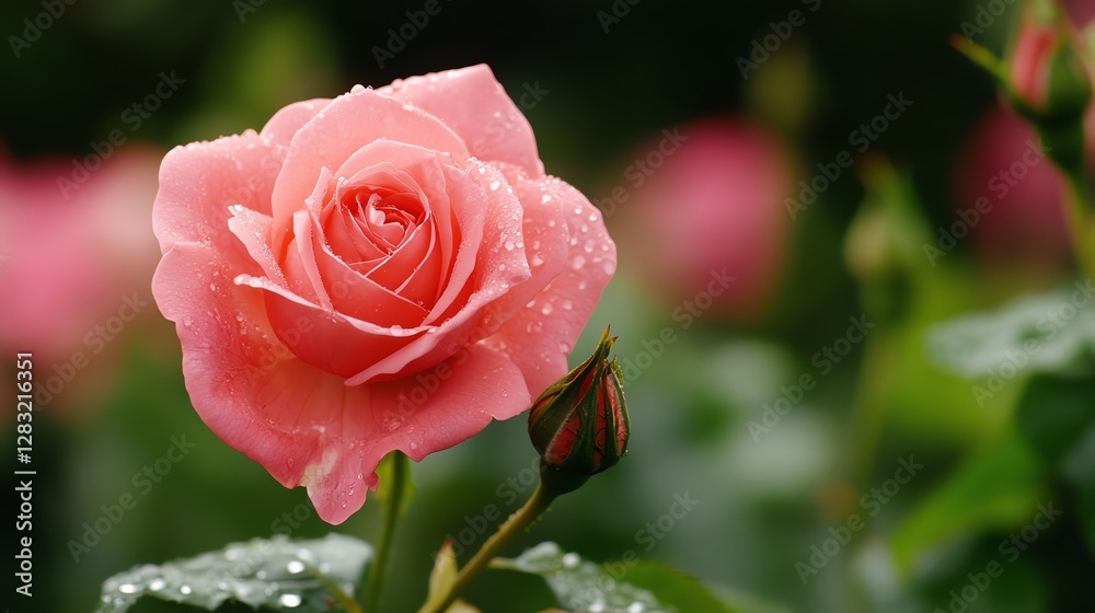 Pink rose with dew drops in lush garden