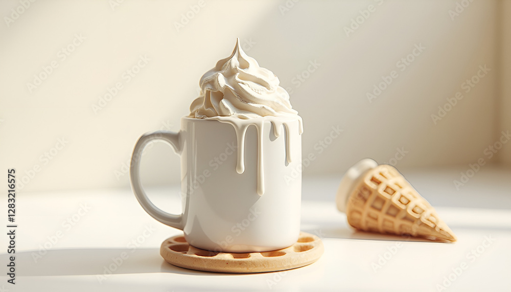 White mug with whipped cream and melting topping beside waffle cone on wooden coaster, bright ambiance, copy space White mug with whipped cream and melting topping beside waffle cone on wooden coaster, bright ambiance, copy space