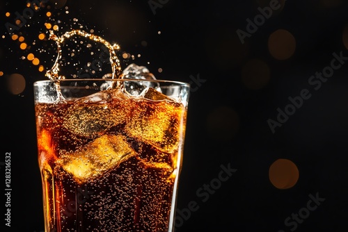 Refreshing cola splash with ice cubes.