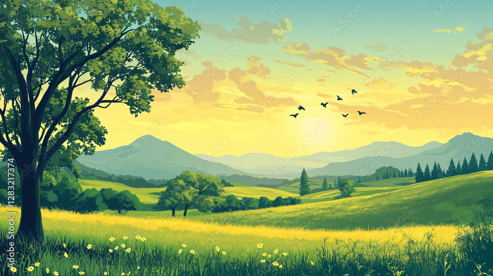 Obraz premium Peaceful countryside with trees mountains and a setting sun