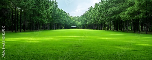 Vibrant green lawn surrounded by tall dark and shady trees