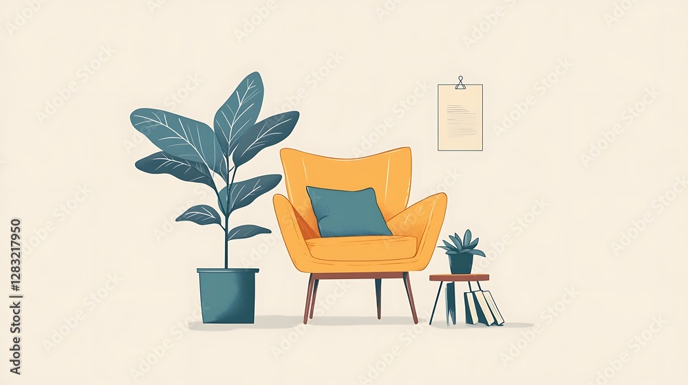 Fototapeta premium Yellow armchair with plant and side table in a room