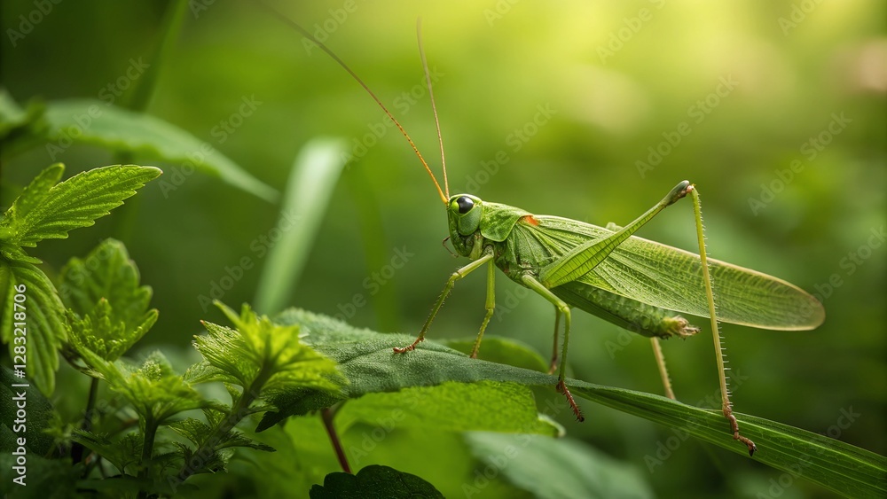 Fototapeta premium Emerald Grasshopper Perched: A captivating close-up of a vibrant green grasshopper resting gracefully on a lush leaf, illuminated by a sunbeam, embodying the beauty of nature's miniature marvels.