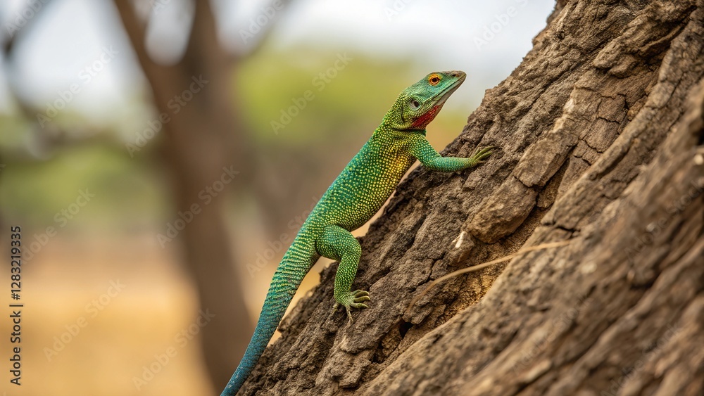 Fototapeta premium A Lizard's Ascent: A vibrant green lizard climbs a tree trunk, showcasing its exquisite detail, scale, texture, and captivating camouflage.