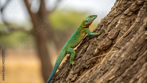 A Lizard's Ascent: A vibrant green lizard climbs a tree trunk, showcasing its exquisite detail, scale, texture, and captivating camouflage.