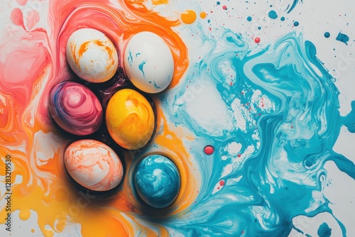 Colorful Easter eggs arranged on a vibrant marbled surface perfect for spring celebrations and holiday festivities