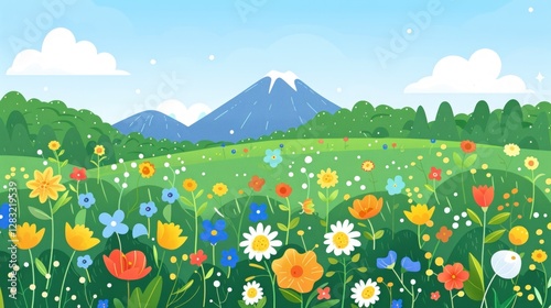 Vibrant Spring Meadow with Majestic Mountain backdrop