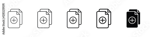Set of 5 pixel perfect Add document icon with 1 unexpanded, 1 silhouette, a simple and clear icon representing the addition of a document or file.